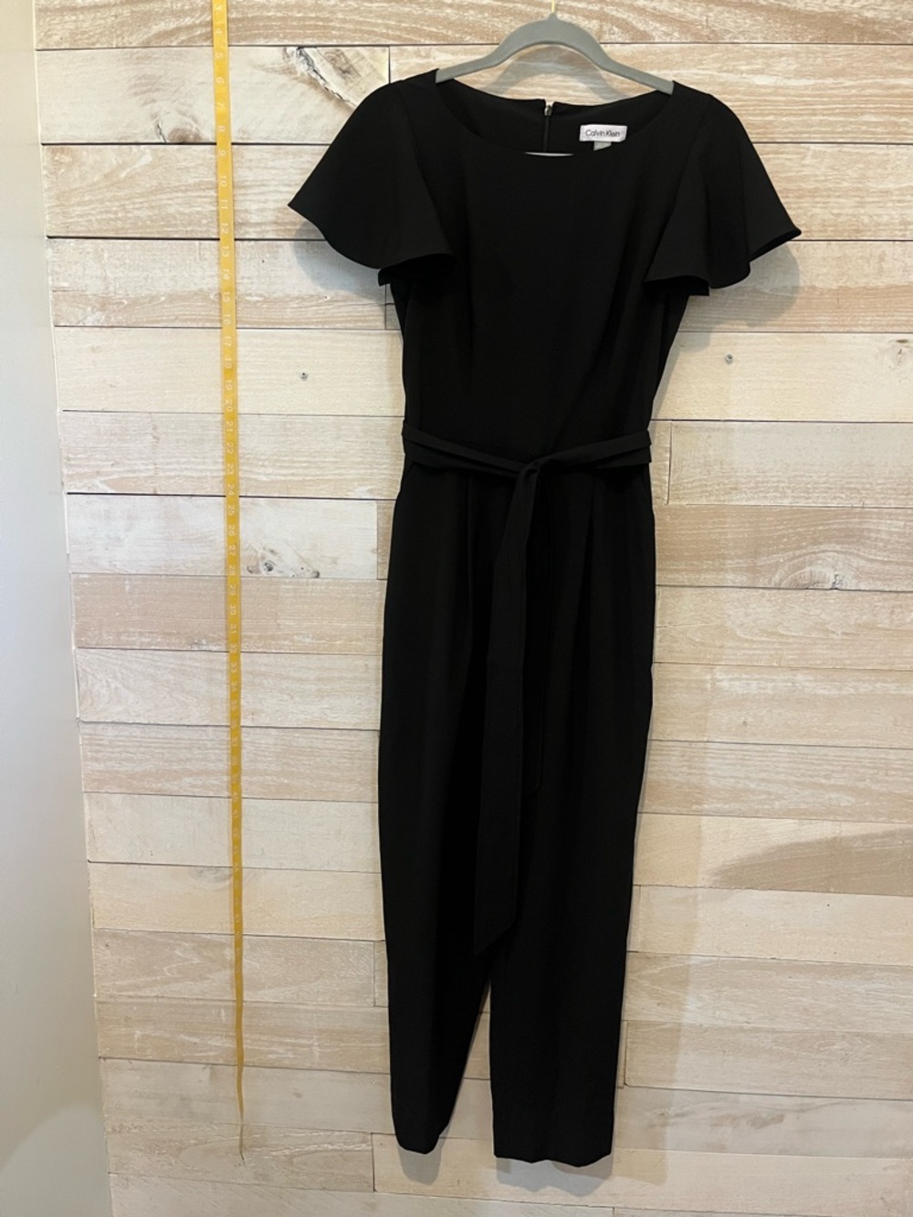 Calvin Klein Black Short-Sleeve Cropped Jumpsuit with Waist Tie